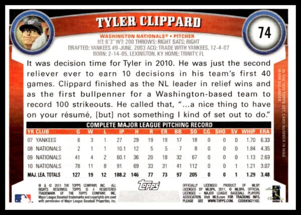 2011 Topps Tyler Clippard #74 (Back)