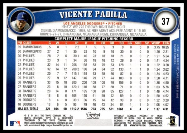 2011 Topps Vicente Padilla #37 (Back)