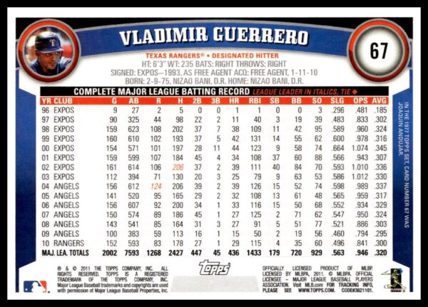 2011 Topps Vladimir Guerrero #67 (Back)