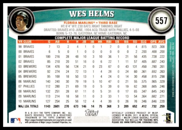 2011 Topps Wes Helms #557 (Back)