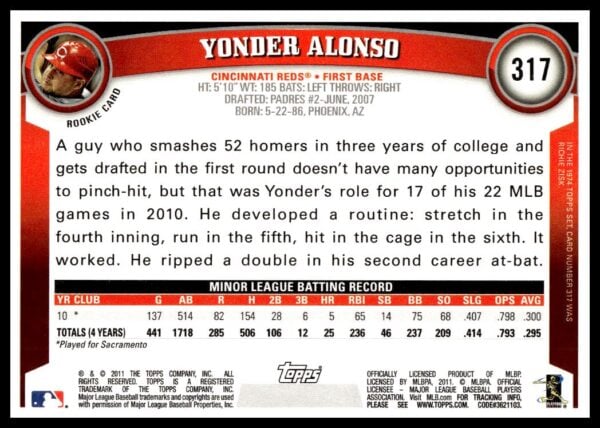 2011 Topps Yonder Alonso #317 (Back)