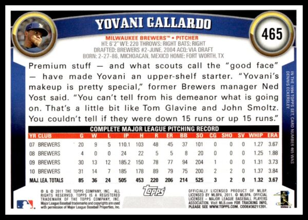 2011 Topps Yovani Gallardo #465 (Back)