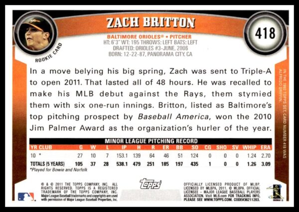 2011 Topps Zach Britton #418 (Back)