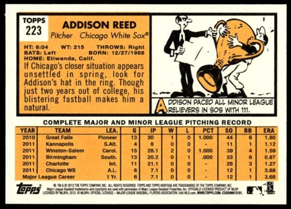 2012 Topps Heritage Addison Reed #223 (Back)