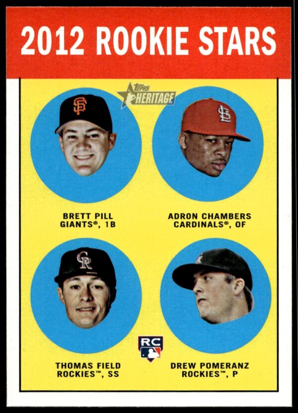 2012 Topps Heritage Brett Pill / Adron Chambers / Thomas Field / Drew Pomeranz #208 (Front)