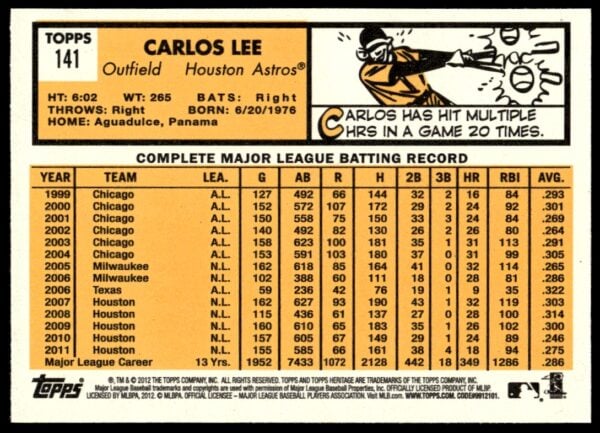 2012 Topps Heritage Carlos Lee #141 (Back)