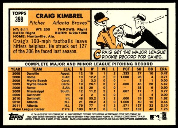 2012 Topps Heritage Craig Kimbrel #398 (Back)