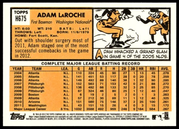 2012 Topps Heritage High Number Adam LaRoche #H675 (Back)