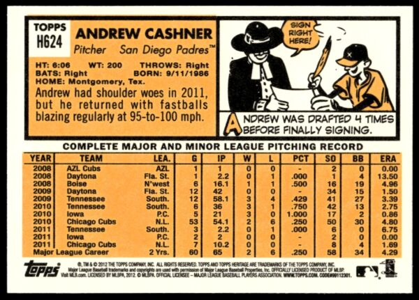 2012 Topps Heritage High Number Andrew Cashner #H624 (Back)