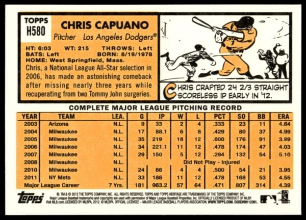 2012 Topps Heritage High Number Chris Capuano #H580 (Back)