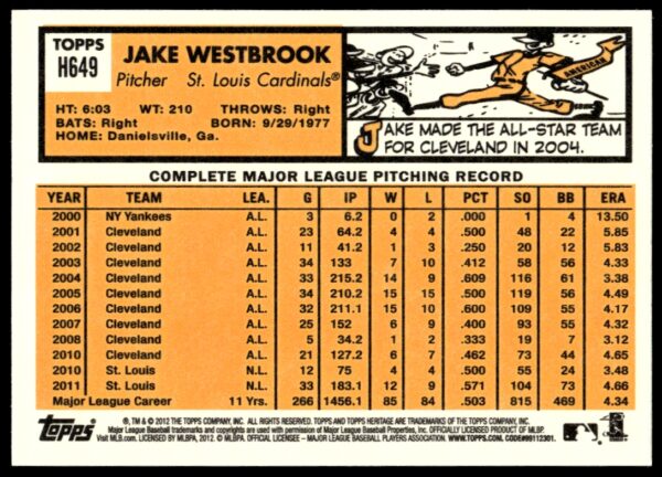 2012 Topps Heritage High Number Jake Westbrook #H649 (Back)