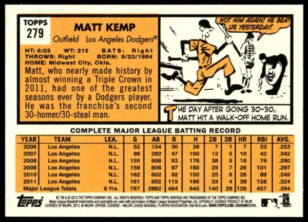 2012 Topps Heritage Matt Kemp #279 (Back)