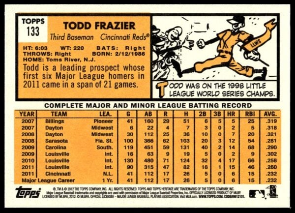 2012 Topps Heritage Todd Frazier #133 (Back)