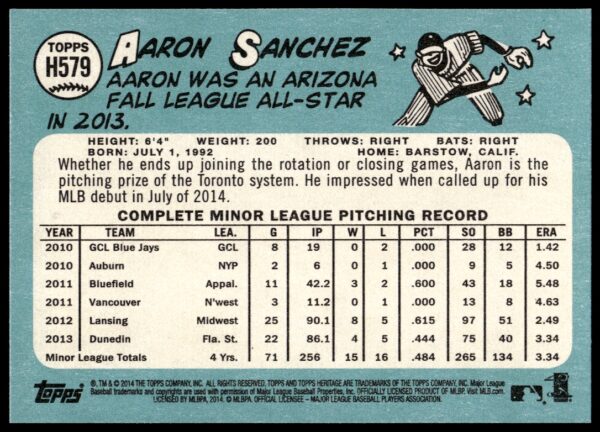 2014 Topps Heritage High Card Aaron Sanchez #H579 (Back)