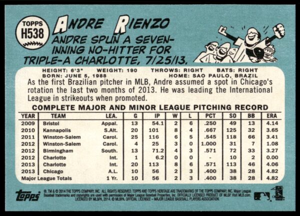 2014 Topps Heritage High Card Andre Rienzo #H538 (Back)