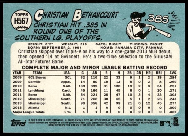 2014 Topps Heritage High Card Christian Bethancourt #H567 (Back)