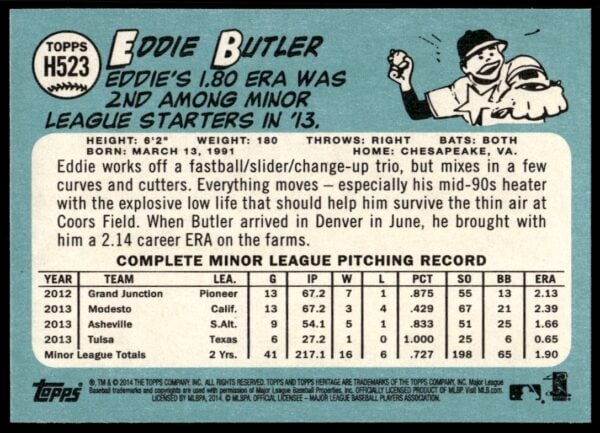 2014 Topps Heritage High Card Eddie Butler #H523 (Back)