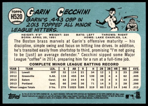 2014 Topps Heritage High Card Garin Cecchini #H520 (Back)