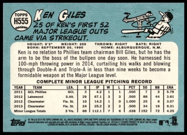 2014 Topps Heritage High Card Kenny Giles #H555 (Back)