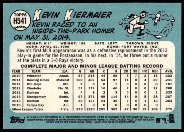 2014 Topps Heritage High Card Kevin Kiermaier #H541 (Back)