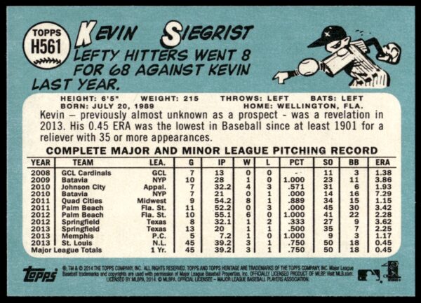 2014 Topps Heritage High Card Kevin Siegrist #H561 (Back)