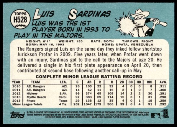 2014 Topps Heritage High Card Luis Sardinas #H528 (Back)