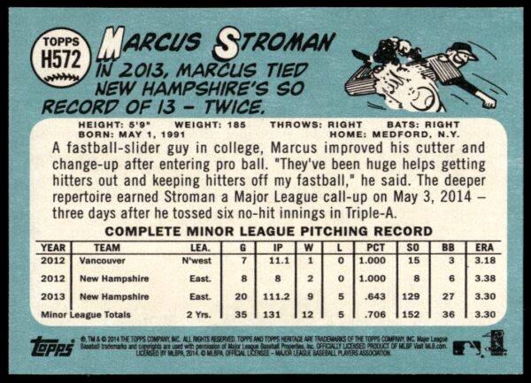 2014 Topps Heritage High Card Marcus Stroman #H572 (Back)