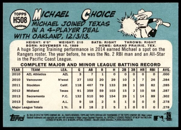 2014 Topps Heritage High Card Michael Choice #H508 (Back)