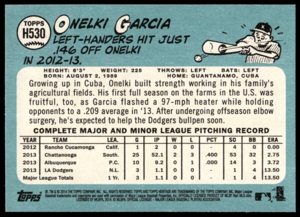 2014 Topps Heritage High Card Onelki Garcia #H530 (Back)