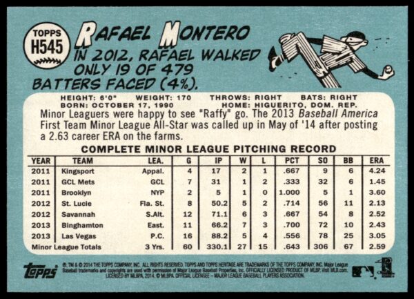 2014 Topps Heritage High Card Rafael Montero #H545 (Back)