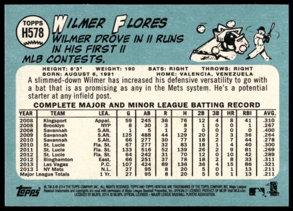 2014 Topps Heritage High Card Wilmer Flores #H578 (Back)