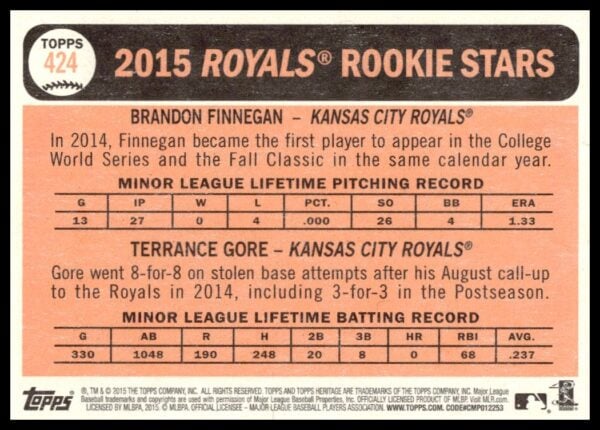 2015 Topps Heritage 2015 Rookie Stars (Brandon Finnegan / Terrance Gore) #424 (Back)