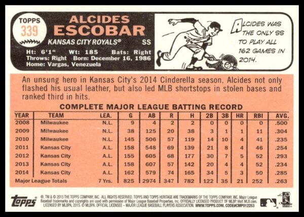 2015 Topps Heritage Alcides Escobar #339 (Back)