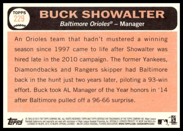 2015 Topps Heritage Buck Showalter #229 (Back)