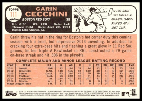 2015 Topps Heritage Garin Cecchini #111 (Back)