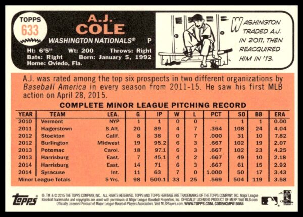 2015 Topps Heritage High Number A.J. Cole #633 (Back)