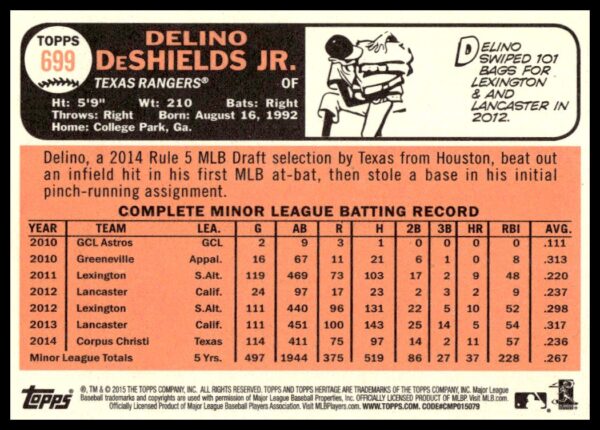 2015 Topps Heritage High Number Delino DeShields Jr. #699 (Back)