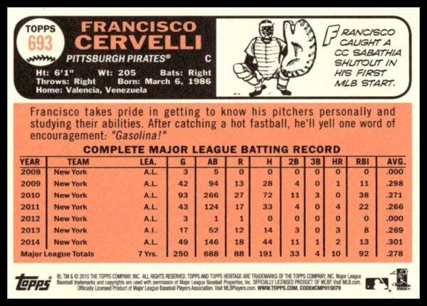 2015 Topps Heritage High Number Francisco Cervelli #693 (Back)