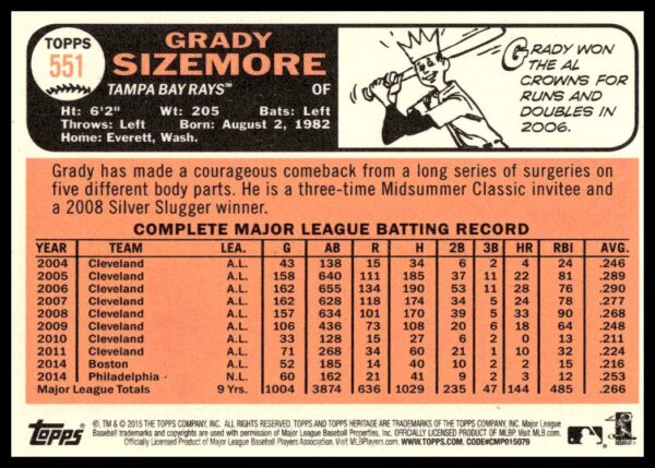 2015 Topps Heritage High Number Grady Sizemore #551 (Back)