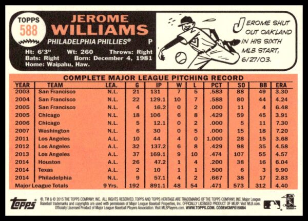 2015 Topps Heritage High Number Jerome Williams #588 (Back)