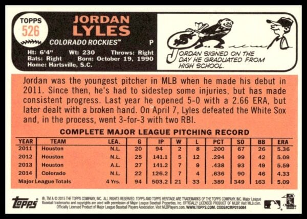 2015 Topps Heritage High Number Jordan Lyles #526 (Back)