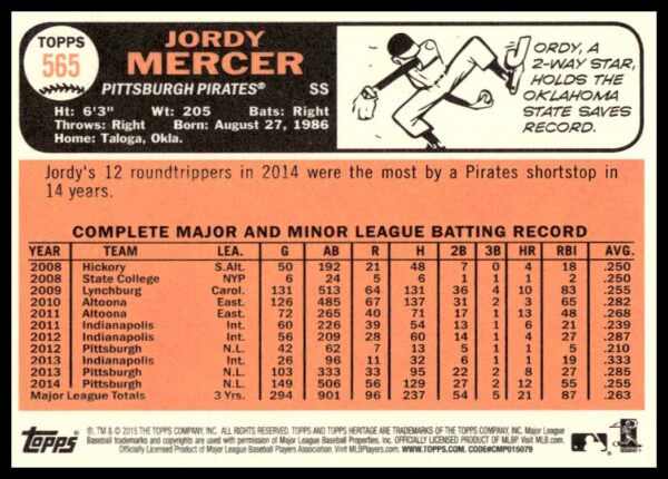 2015 Topps Heritage High Number Jordy Mercer #565 (Back)