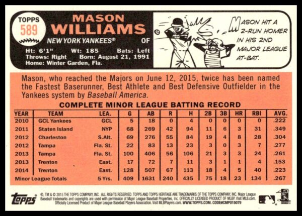 2015 Topps Heritage High Number Mason Williams #589 (Back)