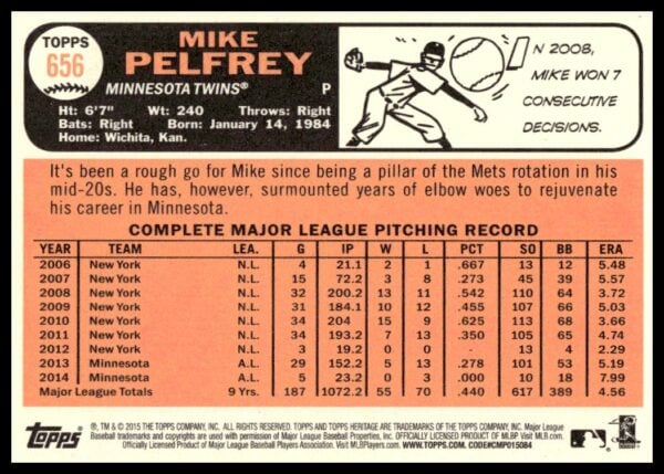 2015 Topps Heritage High Number Mike Pelfrey #656 (Back)