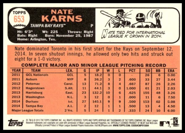 2015 Topps Heritage High Number Nate Karns #653 (Back)