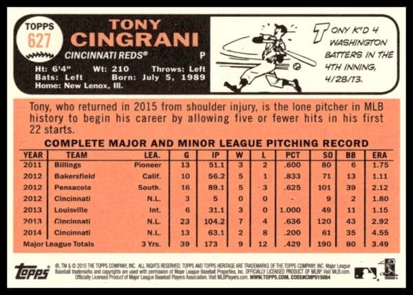 2015 Topps Heritage High Number Tony Cingrani #627 (Back)