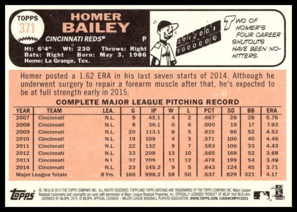 2015 Topps Heritage Homer Bailey #371 (Back)