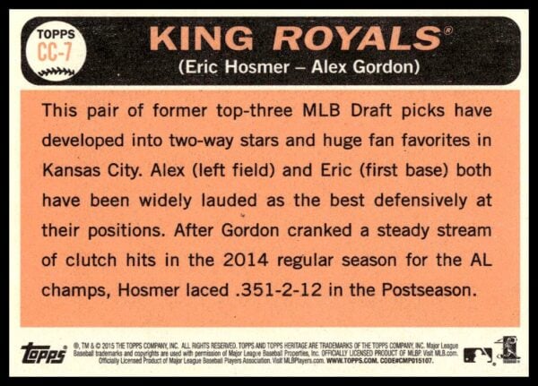 2015 Topps Heritage King Royals (Eric Hosmer / Alex Gordon) Combo Cards #CC-7 (Back)