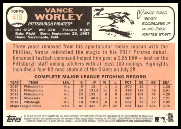 2015 Topps Heritage Vance Worley #419 (Back)