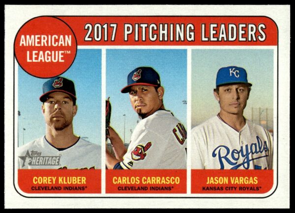 2018 Topps Heritage 2017 A.L. Pitching Leaders (Corey Kluber / Carlos Carrasco / Jason Vargas) #9 (Front)